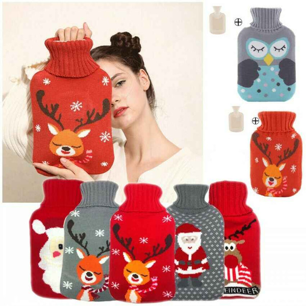 2000ML Large Rubber Hot Water Bag Bottle with Removable Warm Knitted Flannel Cover Cartoon Waist Hands Warmer Xmas Gifts