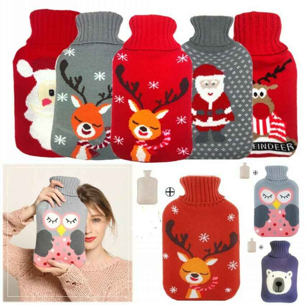 Large Rubber Hot Water Bottle Bag with Removable Warm Knitted Flannel Cover Cartoon Waist Hands Warmer Xmas Gifts 2000ML