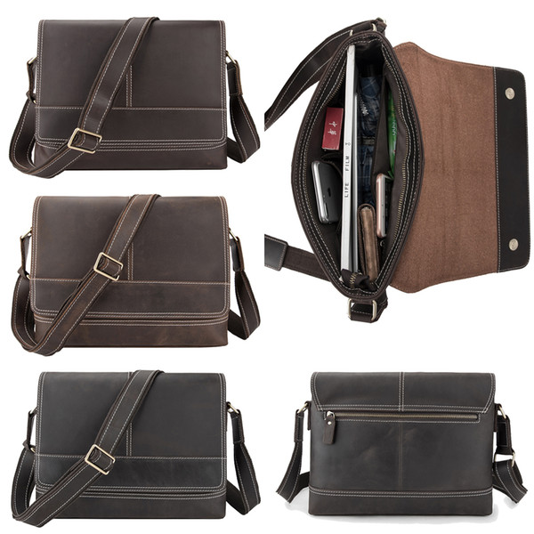 Men's Cow Leather Formal Business Briefcases Cross Body Bags Plain Laptop Messenger Bag Vintage Zipper Sling Satchel Shoulder Bags Gift