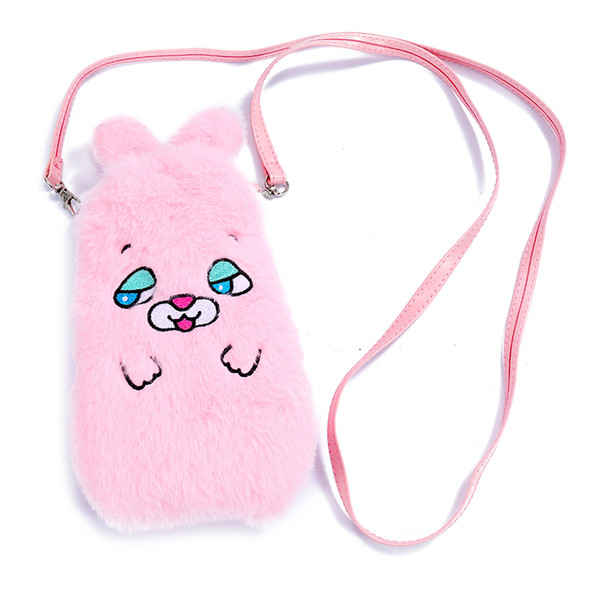 Lovely plush fur strap women crossbody bag funny animal cell phone pocket card holder wallet pouch case for iphone 7 Samsung