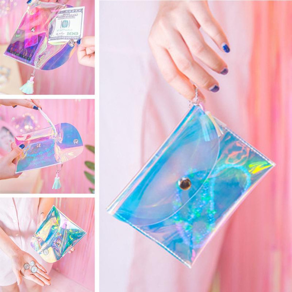 2018 Fashion Women Wallet Transparent Laser Cartoon Tassel Mini Purse Press Buckle Makeup Bags Envelope Wallet Transparent jelly package