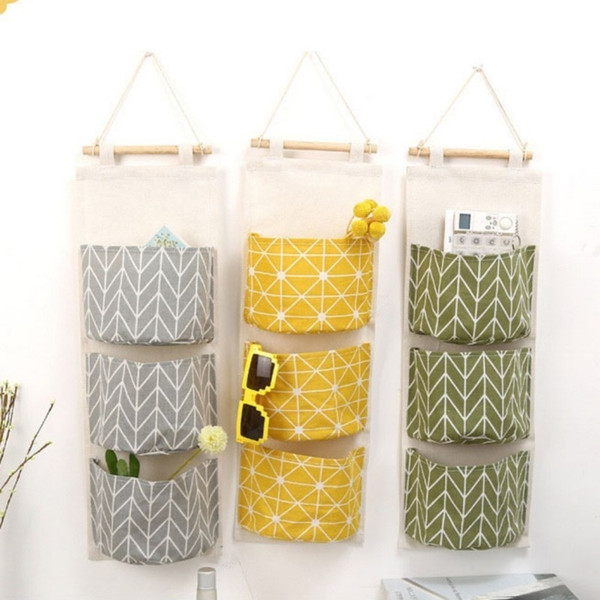 10PCS Three-layer Cotton Linen Fabric Hanging Storage Bag Home Wall Door Closet Folding Hanging Storage Organizer