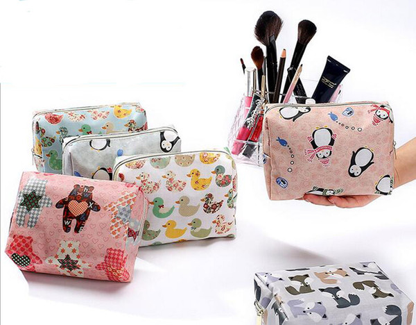 50pcs 2017 Women Fashion Cotton Cartoon Printed waterproof Protable Zipper Travel Cosmetic Toiletry Kits Bag