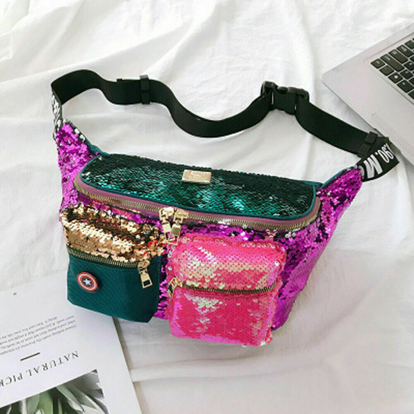 Sequins Women Waist Bags Large Capacity Women Fanny Pack Chest Belt Bags Teenager Handbags