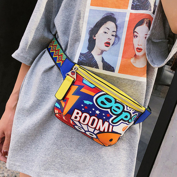 Fanny Pack Waist Bag Women Personality Belt Bags Pu Leather Graffiti Chest Handbag With Colorful Shoulder Belt 2019 Hot Sale