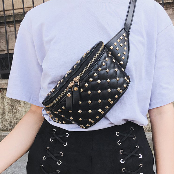 2019 Women Famous Brand Female Bags Waist Black Bag Women Rivet Waist Bag Pu Leather Shoulder Crossbody Chest Handbag