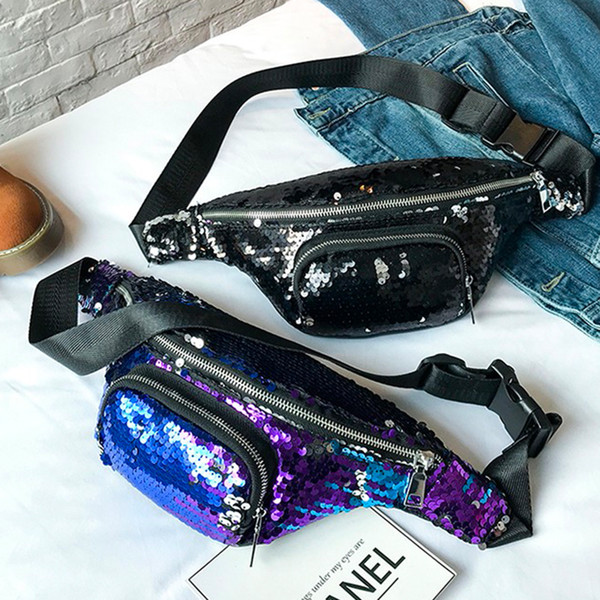 Ladies 2019 Latest Bags Cell Phone Waist Bag Women Sequins Waist Fanny Packs Female Belt Bag Bling Bling Chest Handbag