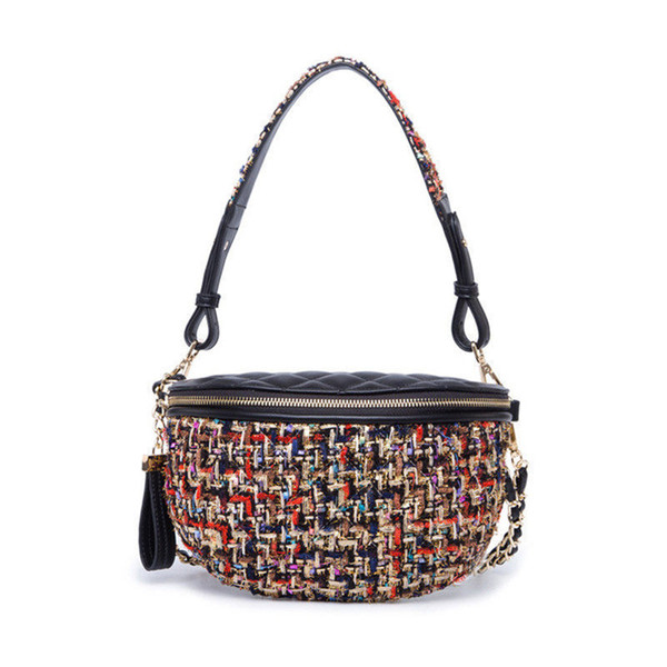 good quality Vintage Women Waist Bag Crossbody Bag Wool Belt Waist Packs Style Fashion Mini Panelled Woven Bag Small Handbag Colorful