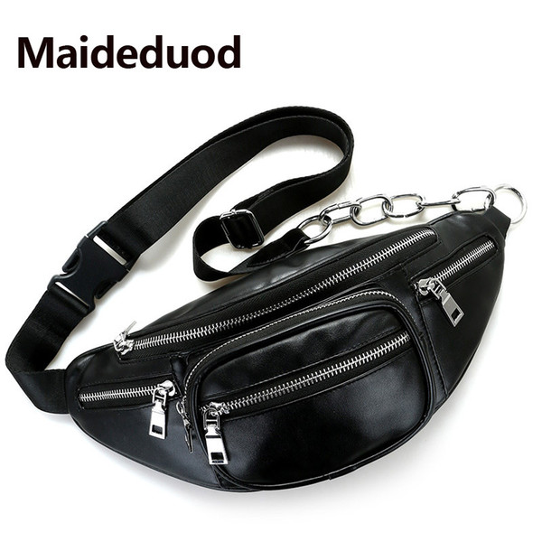 Fashion Women Waist Bag Casual Pu Leather Chain Bananka Bag Zipper Chest Waist Bags Travel Chest Bag Fanny Waist Pack Black 703