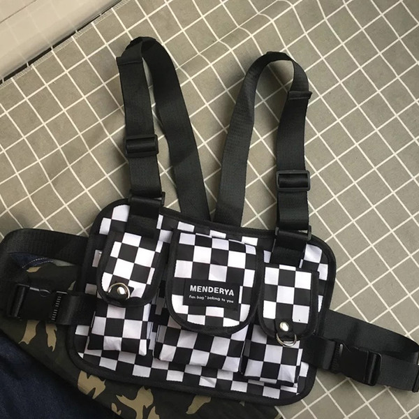 Fashion Black and White Plaid Chest Bag for Men Kanye West Hip Hop Streetwear Tactical Chest Rig Vest Wait Packs Bum Bag Functio