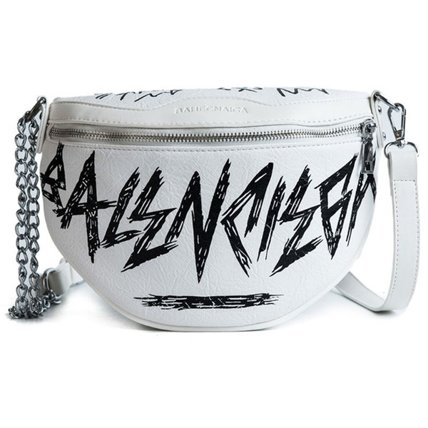 Letter Graffiti PU Leather Waist Bag Phone Pouch Chain Fanny Pack Travel Belt Purse Shoulder Crossbody Bags