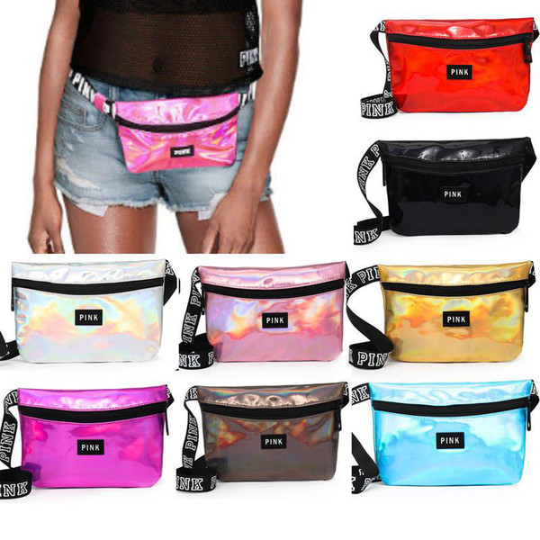 9 Colors Pink Letter Printed Laser Waist Bag PINK Rainbow Hologram Shiny Waistpacks Translucent Waterproof Beach Bags 20pcs