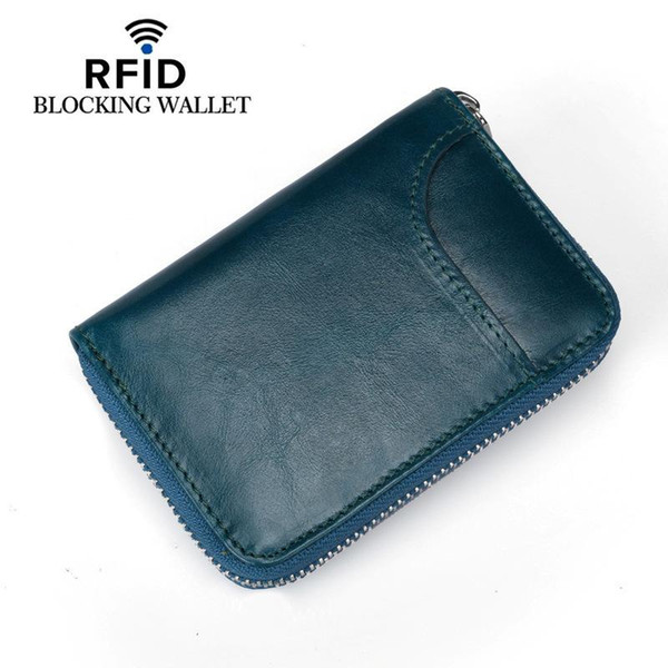 New Unisex Genuine Leather Zipper Credit Card Holder ID Fashion Credit Card Holders 6 Color Blocking Wallets With RFID