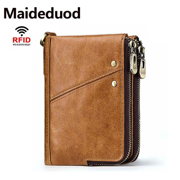 New Best Qualit
8000
y Genuine Leather Men Wallets Vintage Cow Leather Card Holder Double Zipper Men Purse RFID Blocking Wallet Coin Purses