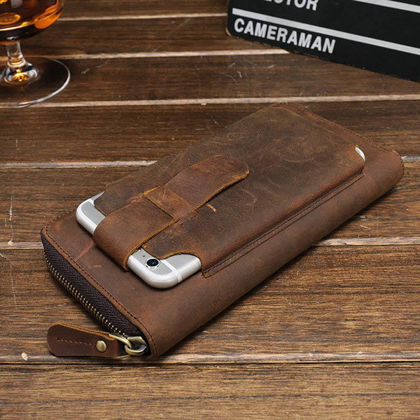 Wholesale and retail hot sale retro crazy horse leather men's long wallet first layer leather handbag business zipper wallet leather