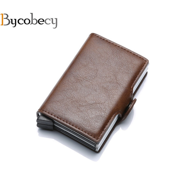 Bycobecy 2018 Card Holder Wallet RFID Blocking Double Metal Box Wallet Purse Aluminium Leather Business Card Case