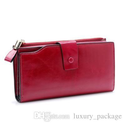 2018 top layer leather anti-RFID ladies wallet long Korean version of oil wax leather cowhide women's multi-card wallet