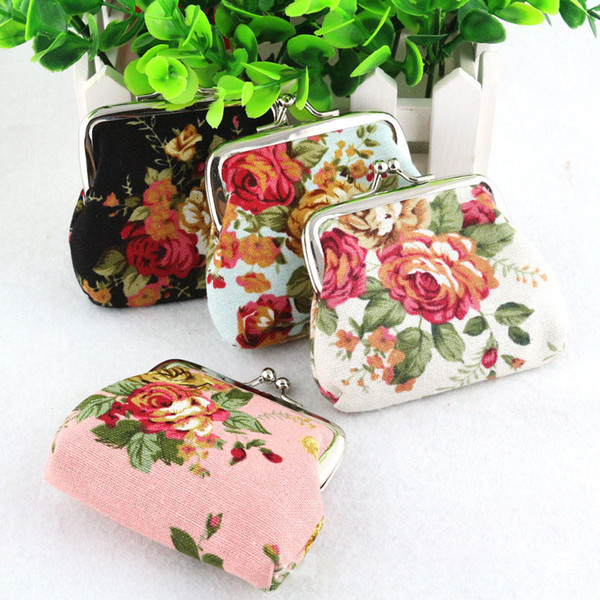 50pcs Fashion Hot Vintage rose flower coin purse canvas key holder wallet hasp small coin change gifts bag clutch xmas present handbag