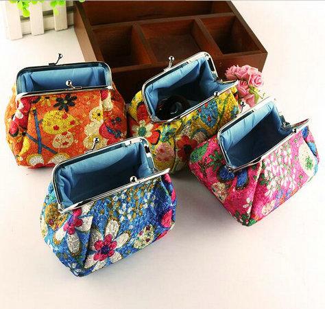 200pcs New Fashion Vintage embroidery flower coin purse canvas key holder wallet hasp small gifts bag clutch handbag Christmas gift