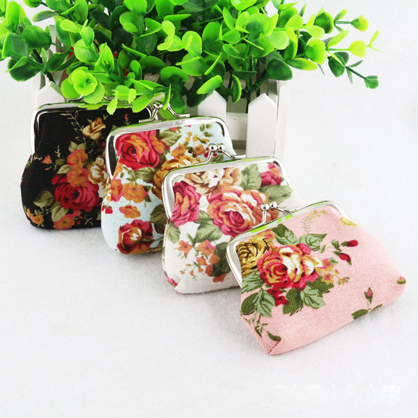 5pcs Fashion Hot Vintage rose flower coin purse canvas key holder wallet hasp small coin change gifts bag clutch xmas present handbag