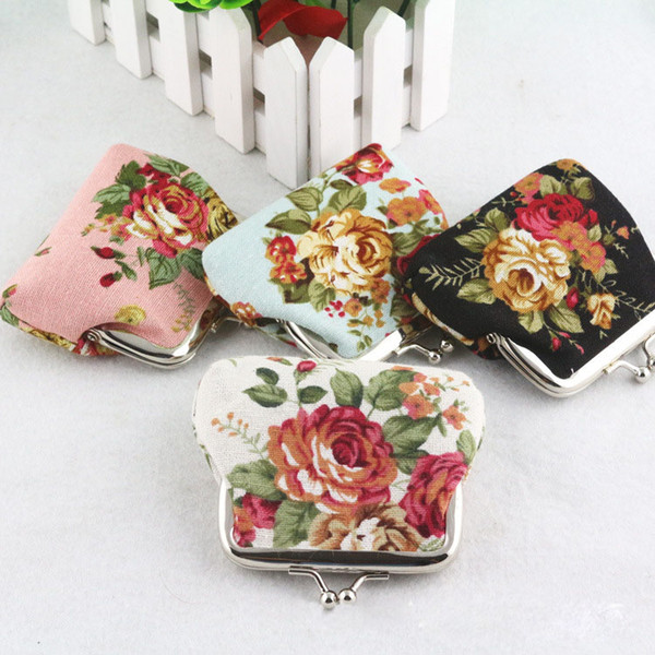 100pcs Fashion Hot Vintage rose flower coin purse canvas key holder wallet hasp small coin change gifts bag clutch xmas present handbag