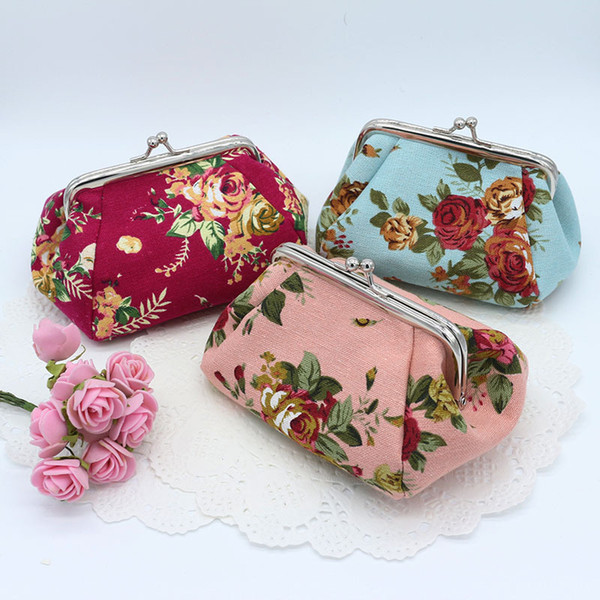 50pcs New Fashion canvas rose flower clutch coin purse key holder wallet hasp small coin change gifts bag jewelry pouch xmas present handbag