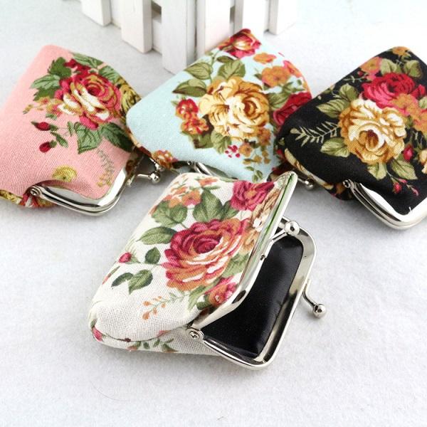 200pcs Fashion Hot Vintage rose flower coin purse canvas key holder wallet hasp small coin change gifts bag clutch xmas present handbag