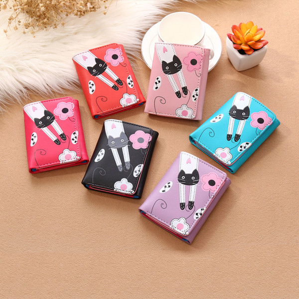 Cartoon Cat Women Mini Wallets Coin Bags PU Leather Three-Folding Short Style Zero Purses Money Bags High Quality