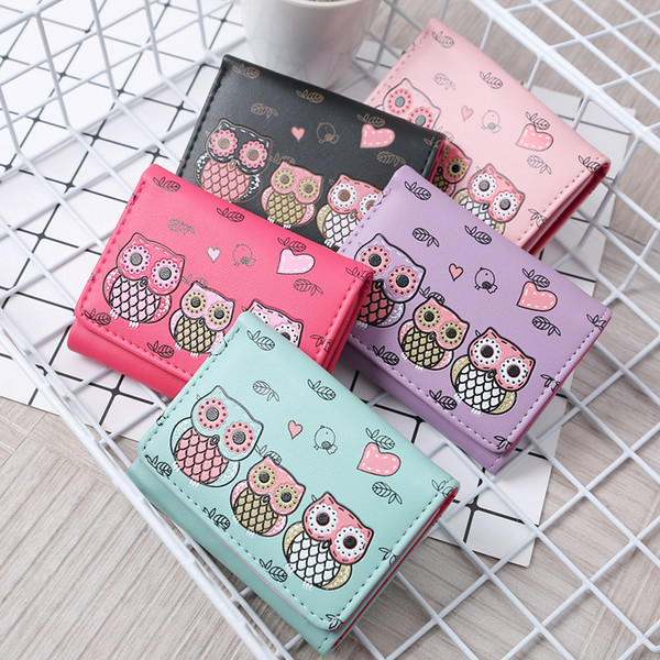 High Quality Ladies Coin Purses Mini Wallets PU Leather Three-Folding Short Style Money Bags Cartoon Owl Clutch Bags