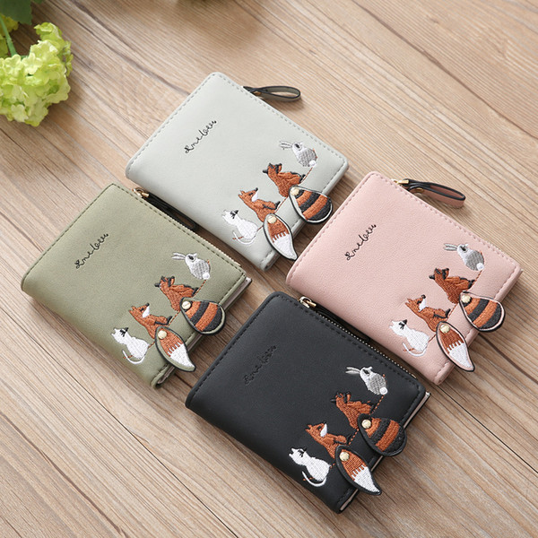 Brand New Women Short Style Coin Purse PU Leather Cartoon Embroidered Zippers Mini Zero Wallets Card Holders