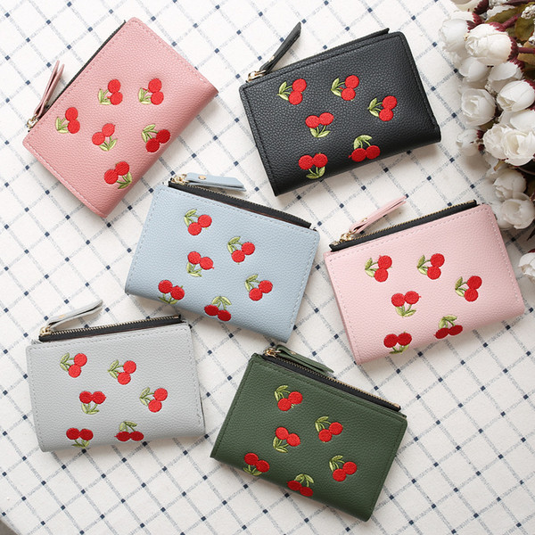 12PCS/lot Ladies Short Style Wallets Purses Cherry Pattern Embroidery Vertical Coin Bags Women Portable Zero Purses