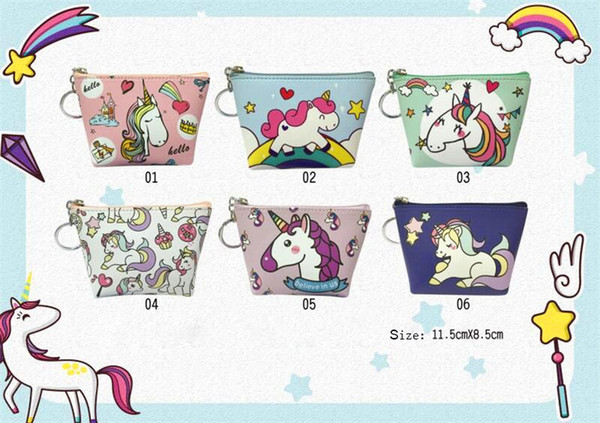 2018 Hot sell new Korean version Rainbow Pony PU leather color printing purse cartoon cute card package key ring hanging purse 10 sets