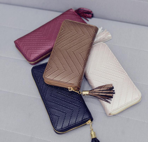 Designer Women Wallet Sewing Thread PU Face Long Style Lady Zipper Tassel Wallet Handbag Fashion Tassel Zipper Style Lady Portable Wallets/2