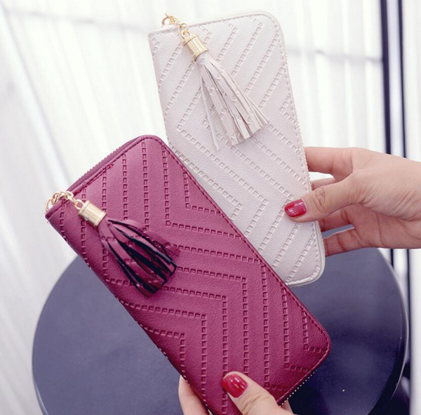 Designer Women Wallet Sewing Thread PU Face Long Style Lady Zipper Tassel Wallet Handbag Fashion Tassel Zipper Style Lady Portable Wallets/4