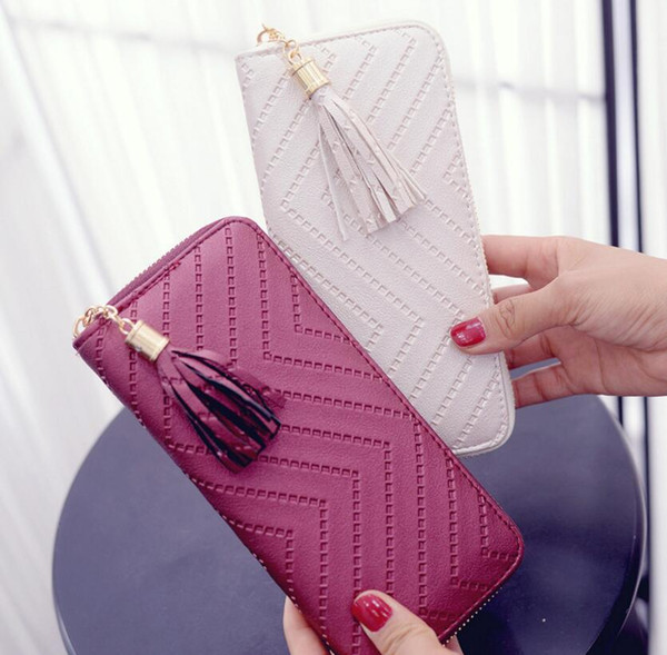 Designer Women Wallet Sewing Thread PU Face Long Style Lady Zipper Tassel Wallet Handbag Fashion Tassel Zipper Style Lady Portable Wallets/6