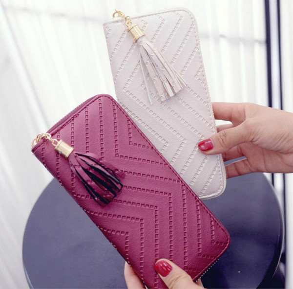 Designer Women Wallet Sewing Thread PU Face Long Style Lady Zipper Tassel Wallet Handbag Fashion Tassel Zipper Style Lady Portable Wallets/8