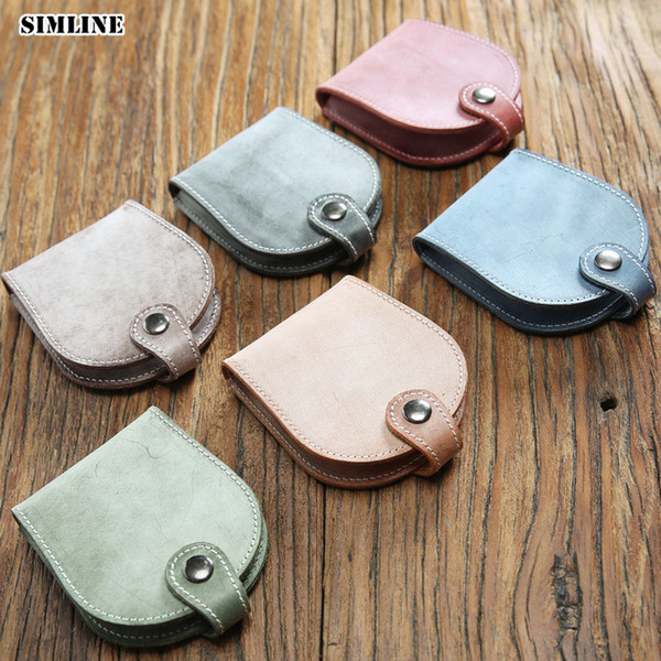 SIMLINE Genuine Leather Coin Purse Men Women Vintage Handmade Cowhide Slim Short Wallets Coins Holder Case Bag Male Man Purses