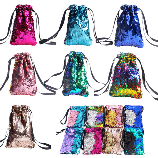 8styles Sequin Wallet Coin Purse double color reversible Girls Phone Earphone Kids Bag Pocket Change Party Gifts drawstring Bags FFA1902