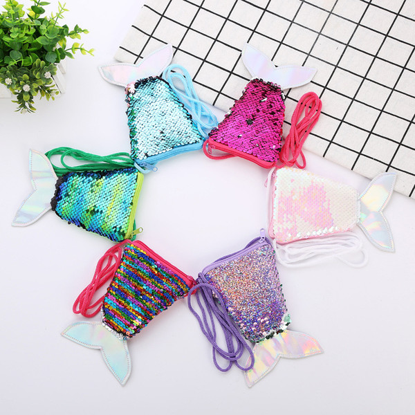 6Styles Mermaid Sequins Coin Purse With Lanyard mermaid Fish Shape Tail Coin Pouch Bag Portable Glittler Wallet Girl storage bag FFA1799