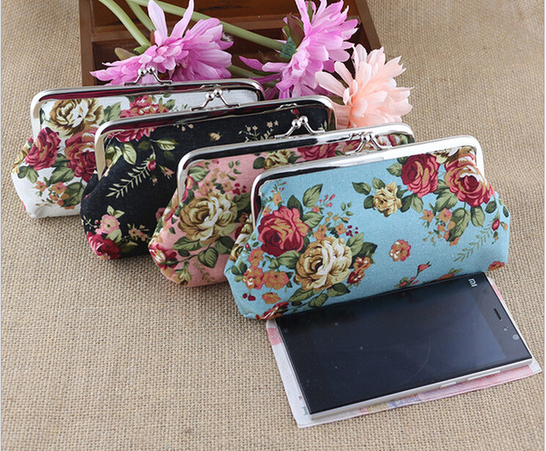 Vintage Rose Coin Purse Long 6 Inch Canvas Floral Wallet Snap Closure Wallet Key Holder Pouch Hasp Clutch Handbag Money Bag Gift