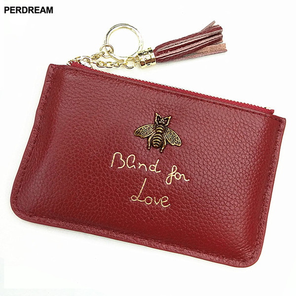 PERDREAM Cowhide European Woman Wallet Luxury Design Bee Decoration Coin Purses Litchi Ribbon Ring Key Holder Mini Card Holder