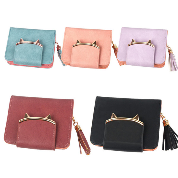 Women Cat Ears Pu Leather Tassel Wallet Short Mini Womens Wallets Purse For Money Credit Cards good quality