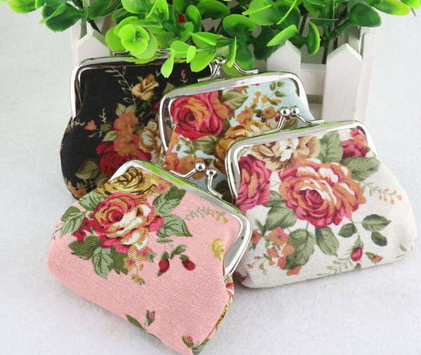 12pcs/lot Vintage flower coin purse canvas key holder wallet hasp small gifts bag clutch handbag Free Shipping