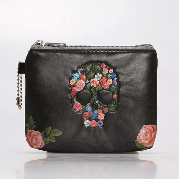 Laamei New Fashion Vintage Rose Flowers Skulls Coin Purse Makeup Bag Zip Brand Design Handbag(Size:12.5*9.5CM)