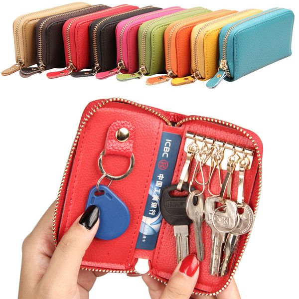 Fashion Cowhide Leather Keys bag Women's Coin Purse PU Card bag Door Zipper Detachable Interior Key Chain Holder For Mens Women Slim Purse