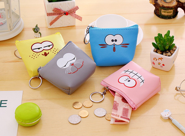 Korean Cartoon Coin Purse With Key Ring Mini Funny Expression PU Leather Zipper Wallets Holder Student Children Coin Bag 4Color