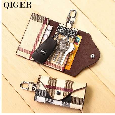 QIGER Fashion Plaid Multifunctional Key Wallet Holder Men/Women Key chain Bag Car Keys Bag Leather Buckle Key Wallet Case