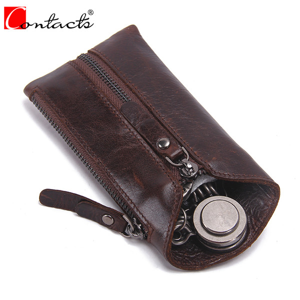 CONTACT'S Vintage Zipper Men Wallet Genuine Cow Leather Car Key Holder Brown Housekeeper High Quality Class Motor Key Case 2017