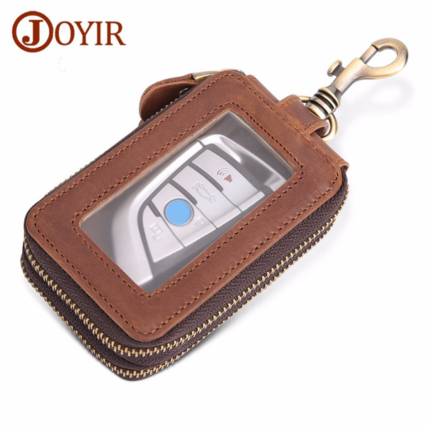 JOYIR Genuine Leather Key Holder Wallet Men Double Zipper Car Key Wallets High-capacity Car Housekeeper Bag Case 6 Rings