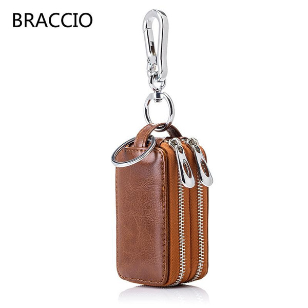 Genuine Cow Leather Home Car Keys' Bag Double Pocket Zipper Mini Wallet Earth Yellow Men Women's Key Holder Transparent Pocket